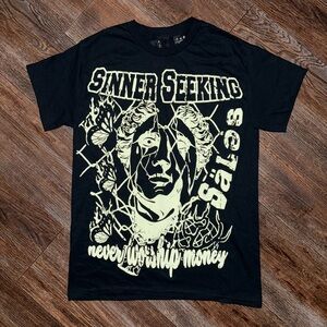 Sinner Seeking never worship money black graphic tee NWOT size Small
